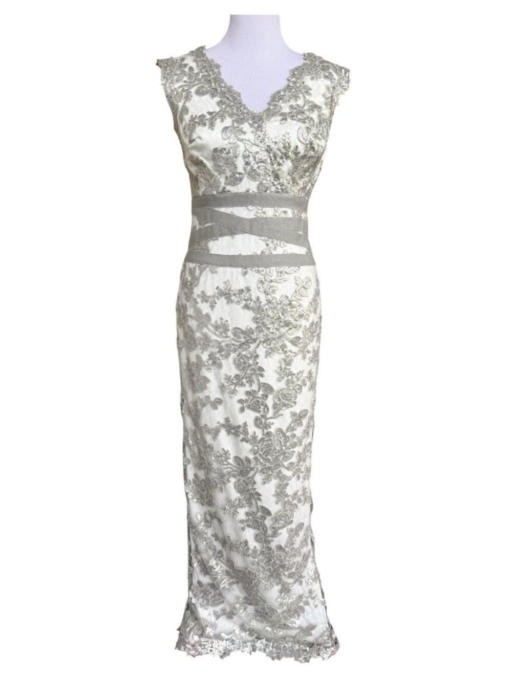 Tadashi Shoji Paillette Sequin Embroidered Lace Banded Dress Bridal Gown Sz 6
